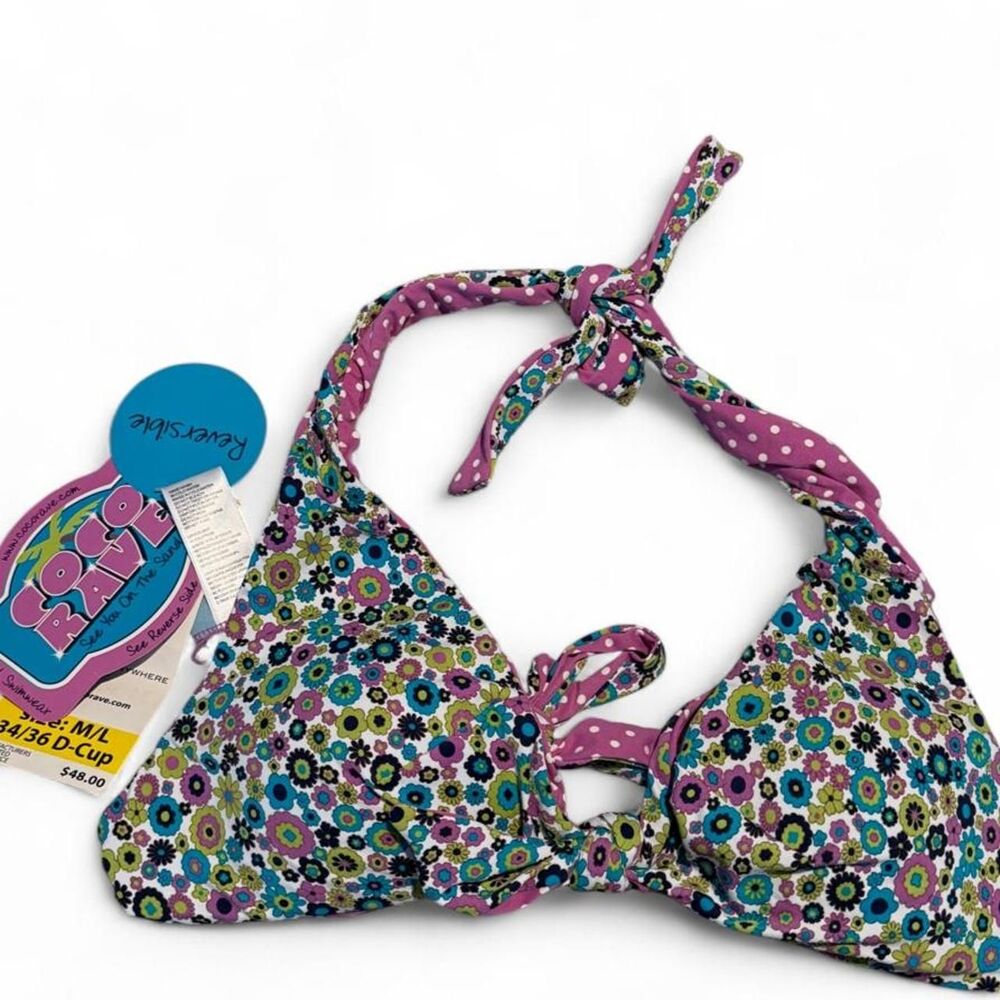 Coco Rave Reversible Floral Polka Dot Halter Bikini Top Women's 34/36D M/L NWT